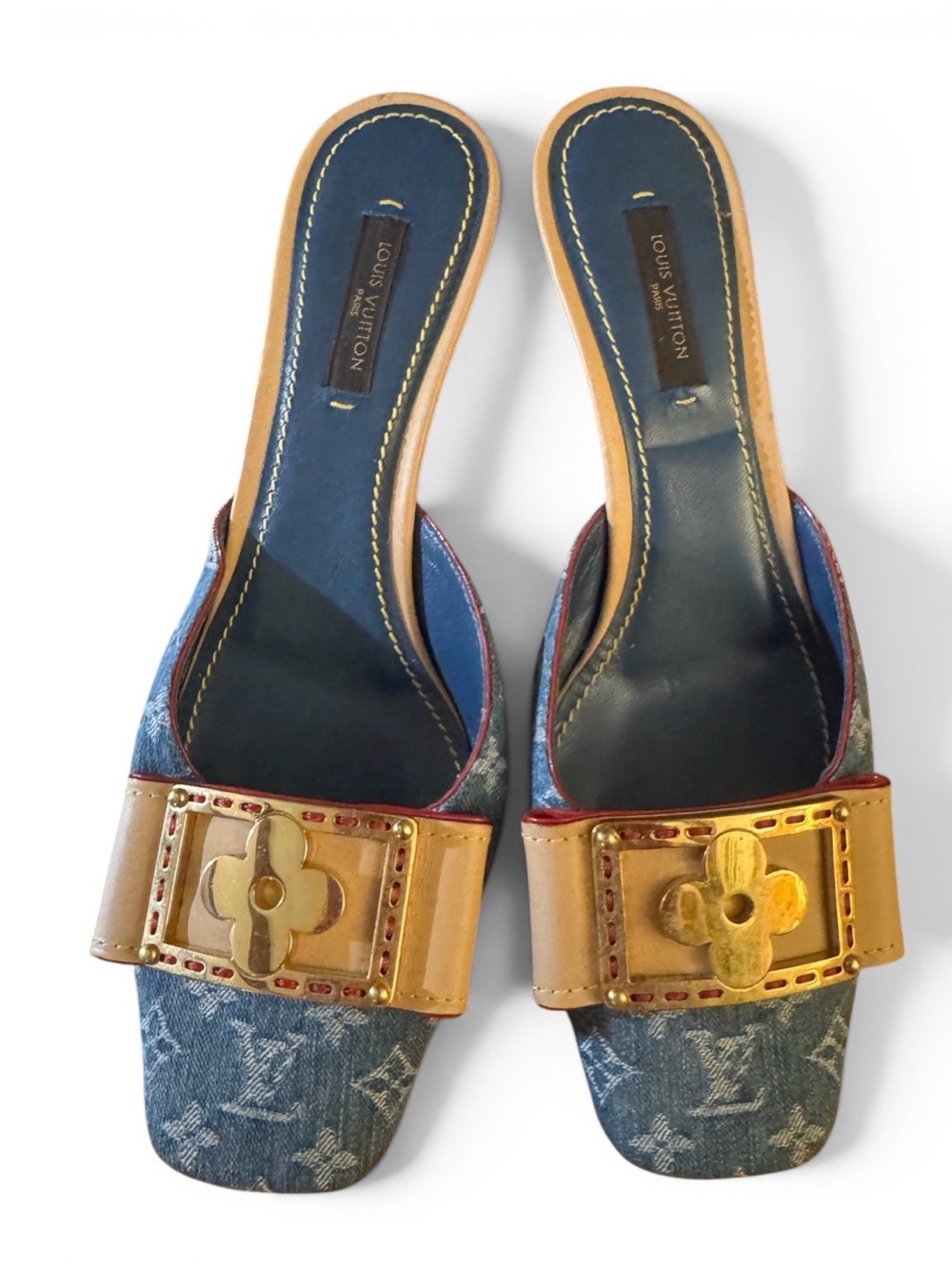 Authentic VintageLouis Vuitton Denim Monogram Slide Mules with Gold Emblem